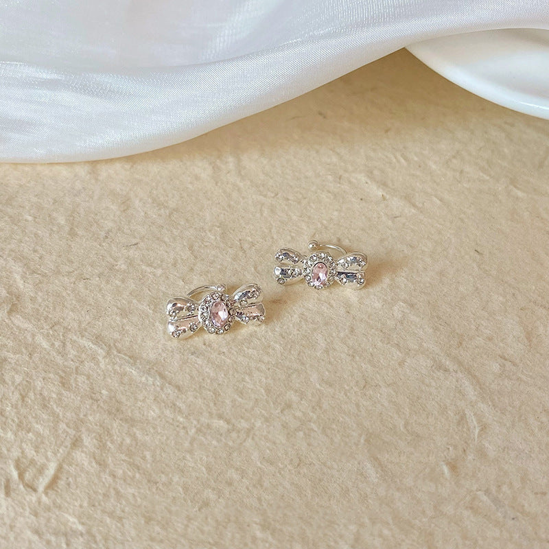 Wholesale Pink Zircon Bow Ear Clip Earrings
