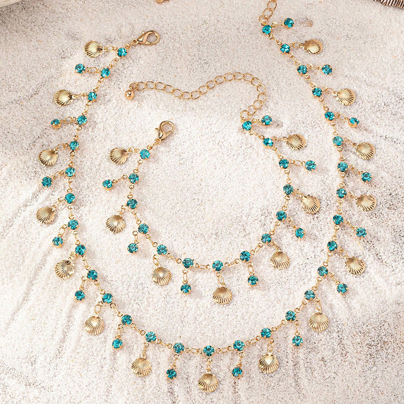 Wholesale  Explosive Fire Exotic Shell Blue Diamond Fashion Beach Holiday Bohemian Style Women Necklace suit