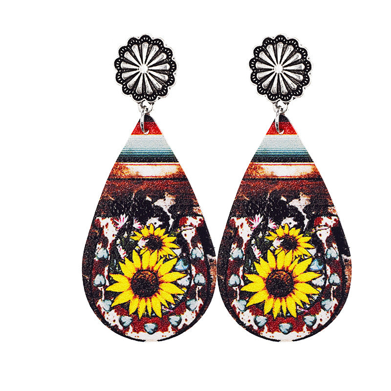 Wholesale Western Denim distressed style sunflower leather earrings