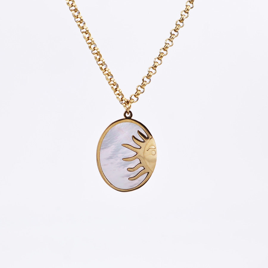 Wholesale Titanium Steel Oval Sun Necklace Natural Shell Inlaid Pendant Necklaces