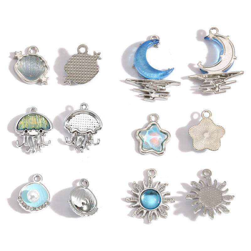 Wholesale Electroplated Zinc Alloy Blue Star Moon Resin Inlay Pendant Charms For DIY Jewelry Making Bag Charm Keychain Everyday Wear