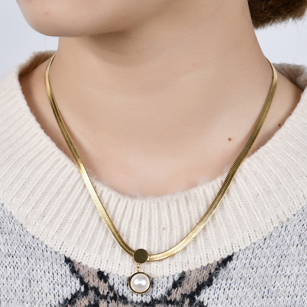 Wholesale  Flat Snake Chain Blade Necklace Pearl Clavicle Chain Titanium Steel Necklace