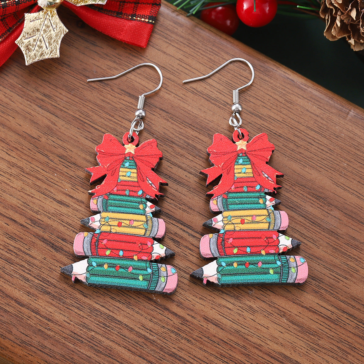 Wholesale Christmas bow pencil Christmas tree pendant earrings wooden