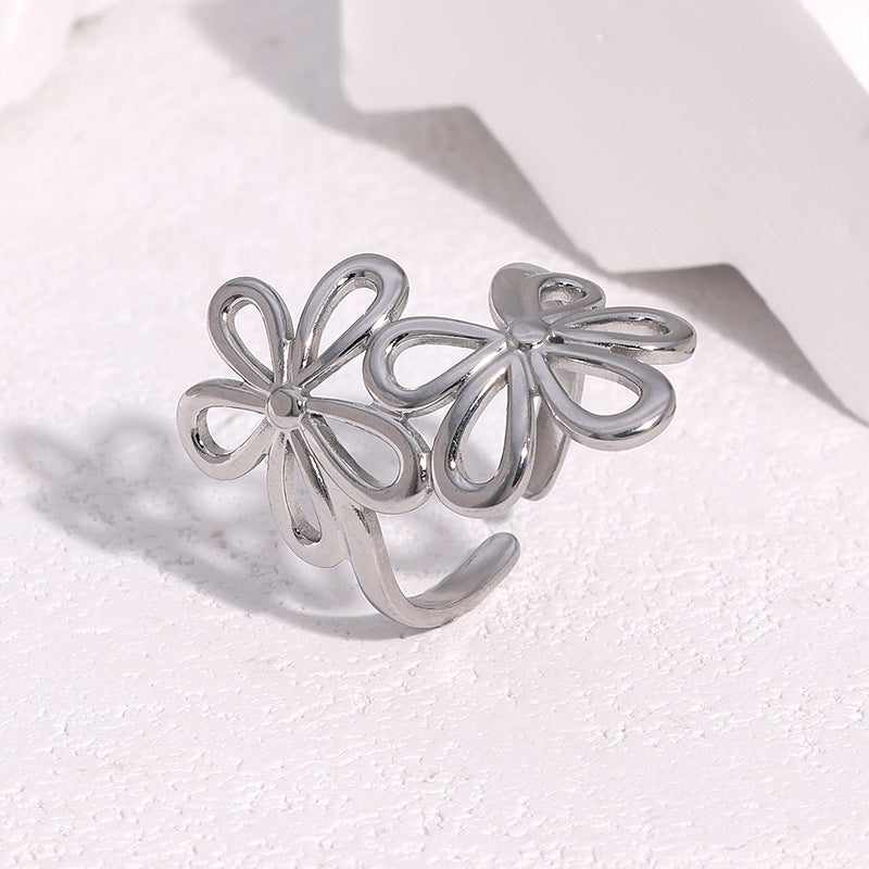 Wholesale Modern Flower Open Ring Adjustable Stainless Steel Gold Women Fashion Jewelry Accessory Gift