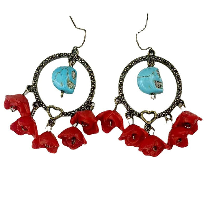 Wholesale  Hollow Metal Circle Peach Heart Blue Turquoise Skull Red Rose Flower Earrings