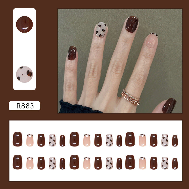 Wholesale 24 Pieces/box Cow Spot Burgundy Nails Kits Nail Stickers