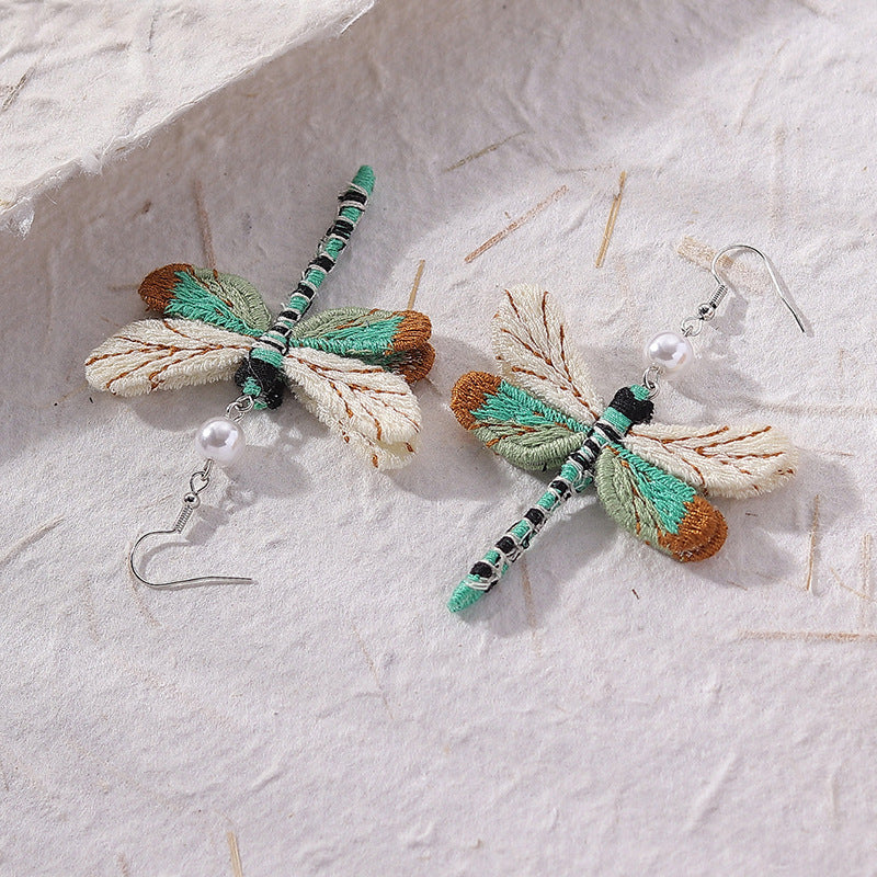 Wholesale Vintage Dragonfly Earrings Ethnic Wind Animal Fabric Pearl Earrings ACC-ES-Qianzi001