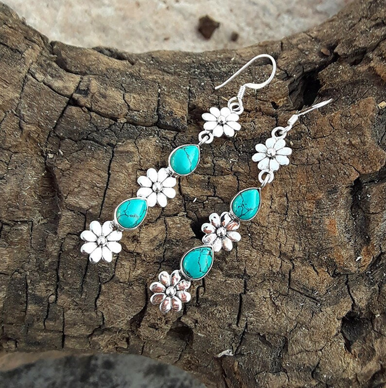 Wholesale  drop-shaped long earrings turquoise flower earrings