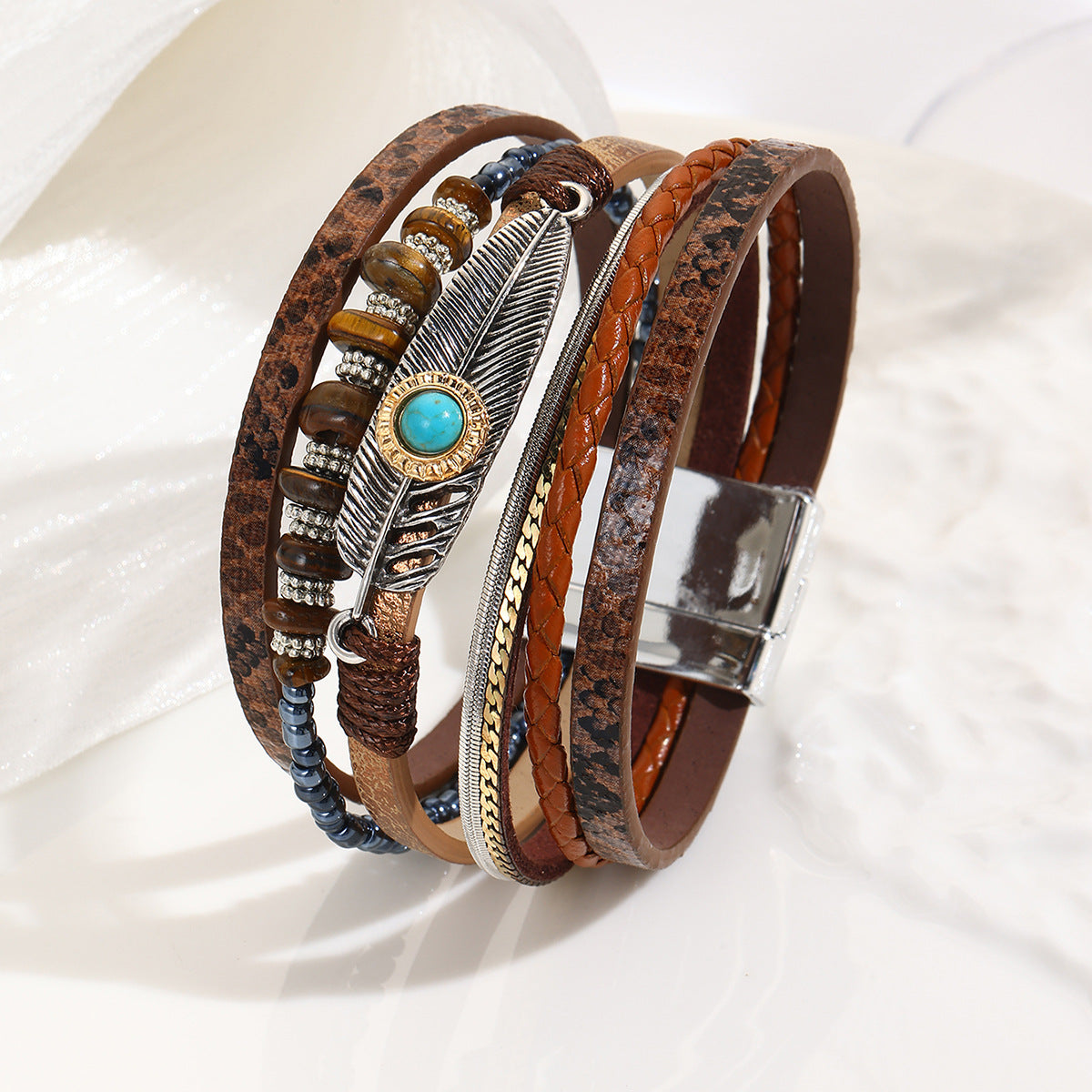 Wholesale Unisex Bohemian Faux Leather Feather Magnetic Bracelet Business Gift Jewelry Accessory