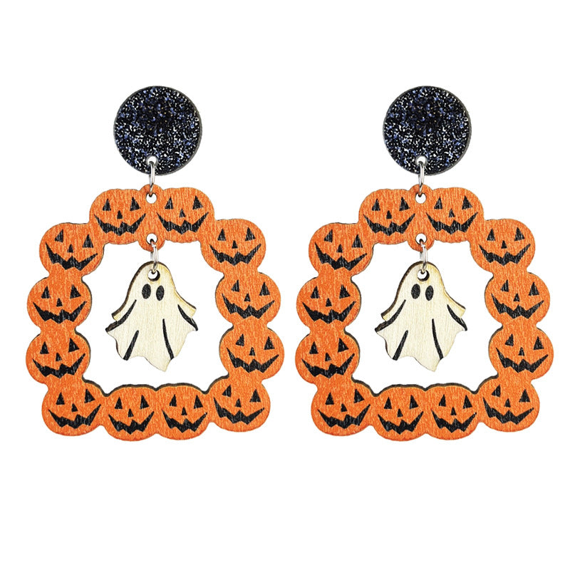 Wholesale 2 Pairs/pack Halloween Wood Earrings Bohemian Ghost Pumpkin Skull Flower Stitching Earrings ACC-ES-HY144