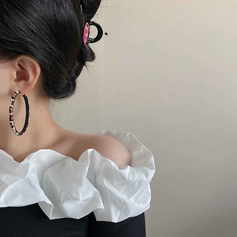 Wholesale Black Leather Letter Leopard Print Large Hoop Earrings ACC-ES-NingKa011