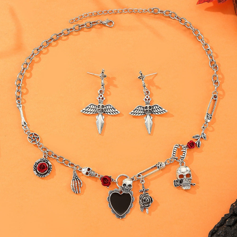 Wholesale  Punk Skull Vampire Necklace and Earrings Set Gothic Fashion Accessory Party Gift Boutique