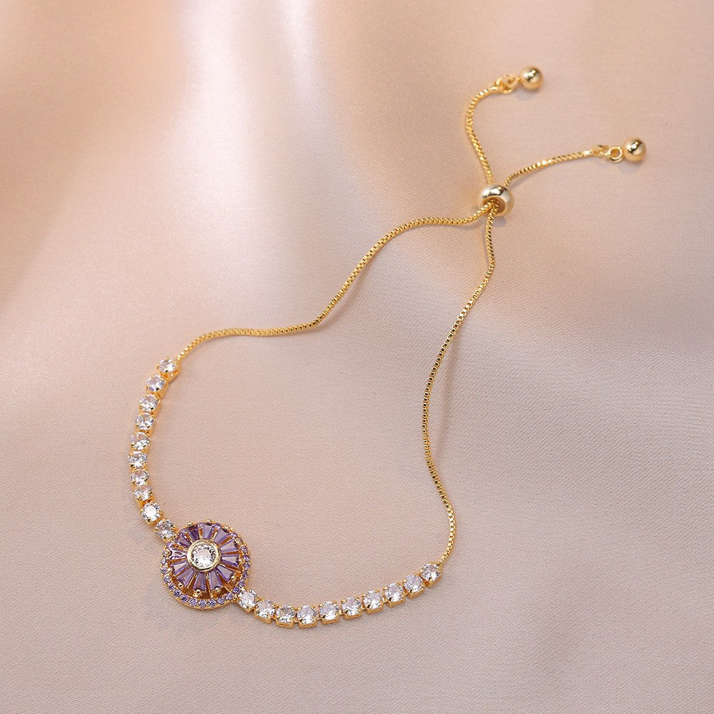 Wholesale Women' s Silver Plated Rotating Flower Bracelet with Purple Zircon for Everyday Wear Jewelry Accessory
