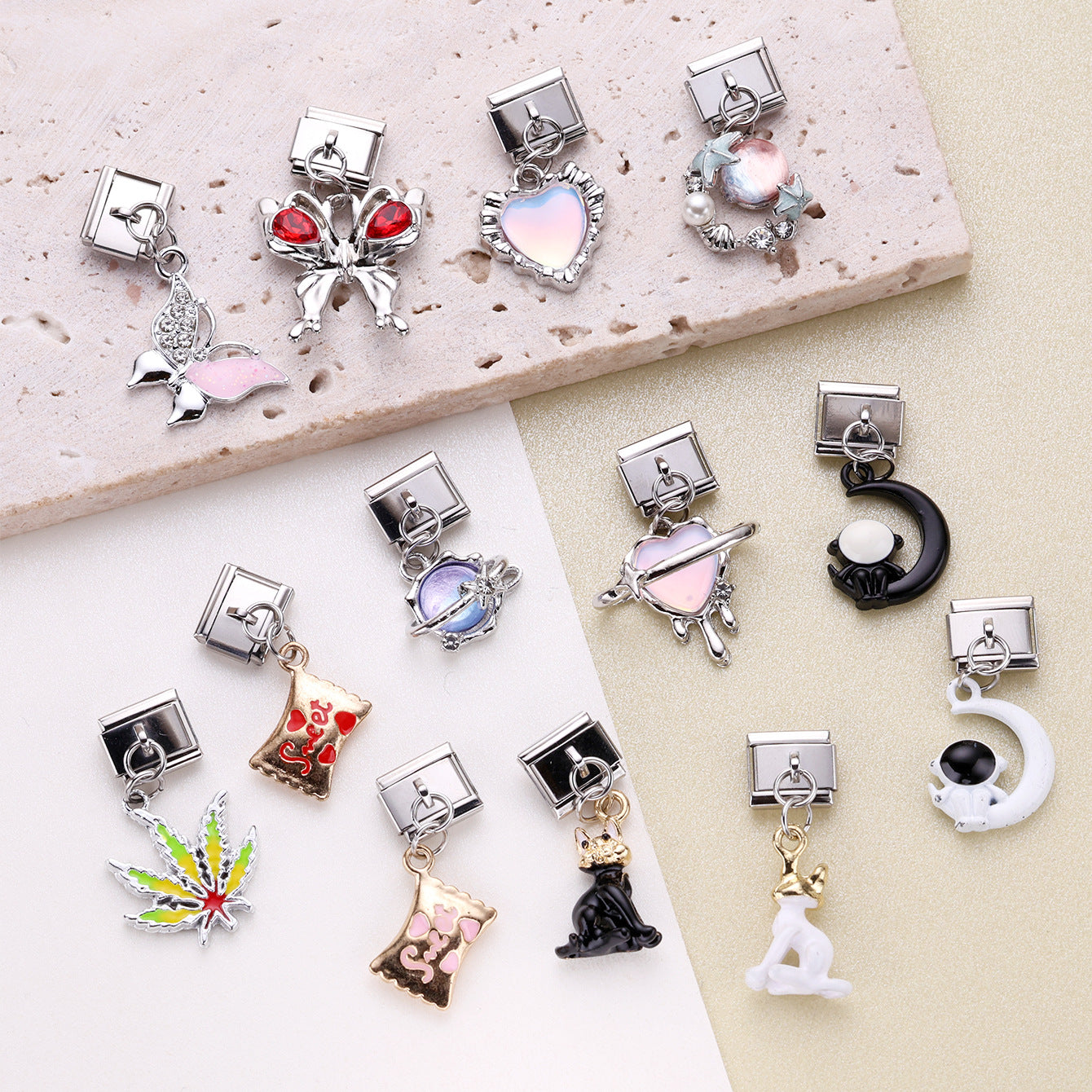 Wholesale 10pcs Love Butterfly Cat Pendant Italian Module DIY Stainless Steel Bracelet Accessories