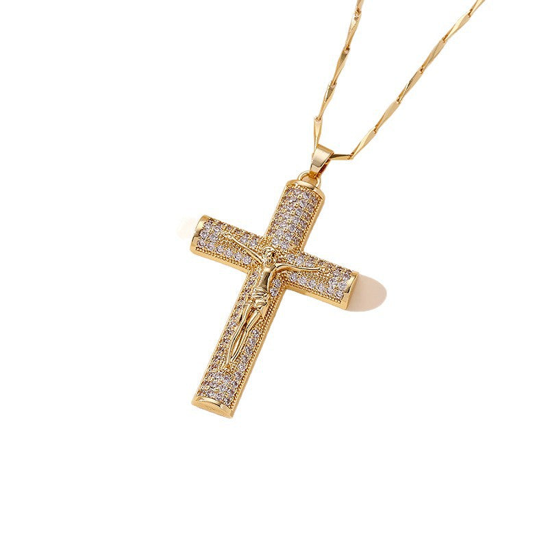 Wholesale Cross-Border Hot-Selling Fashionable Versatile Copper Inlaid Zircon Cross Pendant Necklace High-End Hip-Hop Portrait Necklace
