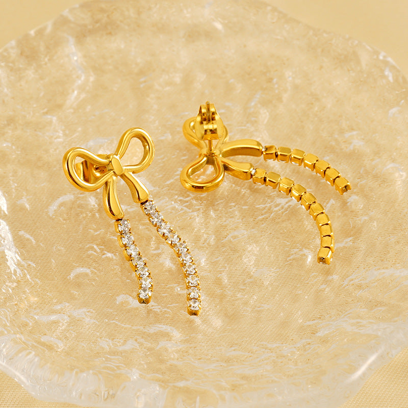 Wholesale Stainless steel  bow earrings long tassel earrings