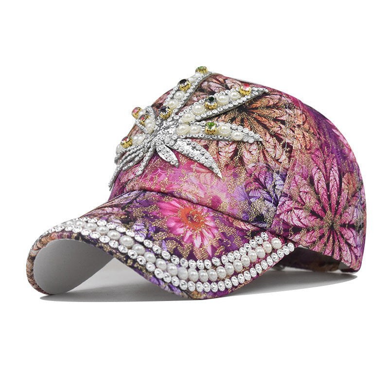 Wholesale Maple Leaf Print Rhinestone Baseball Cap Teal Adjustable For Men Women Outdoor Everyday Wear