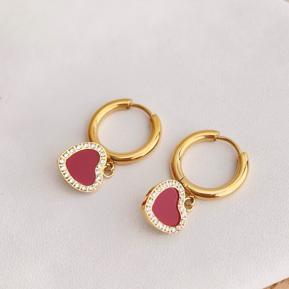 Wholesale Valentine's Day Retro Love Heart Full Diamond Circle Titanium Steel Earrings