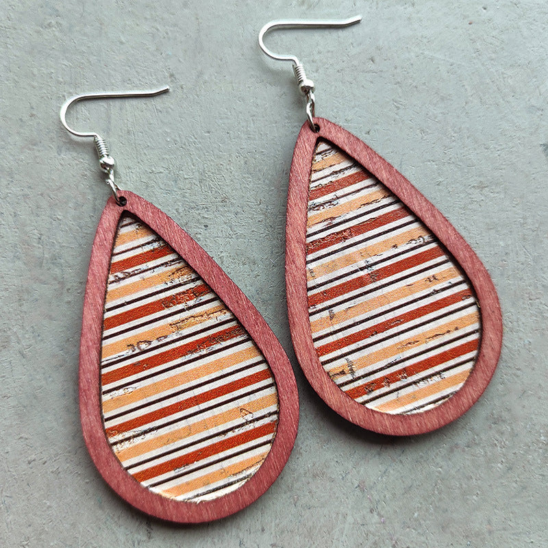 Wholesale 2PCS Wooden Leather Plaid Striped Earrings
