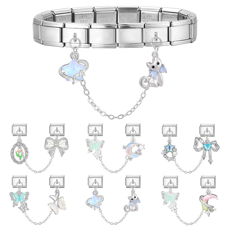Wholesale 9mm Italian Charm Starter Bracelets DIY Butterfly Double Hanging Style Stainless Steel Composable Bracelet