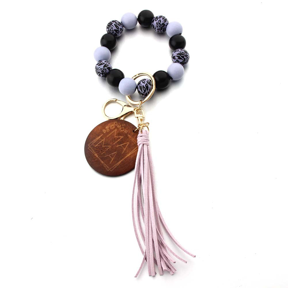 Wholesale Leopard Print MAMA Mother's Day Wooden Beads Beaded Keychain Wristlet Keychain ACC-KC-JinAn010