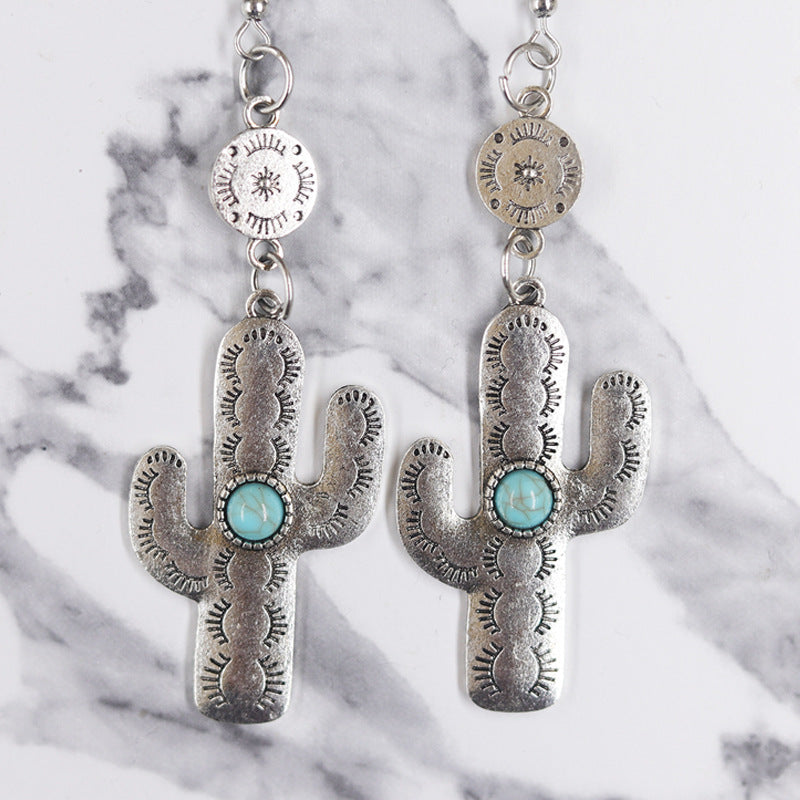 Wholesale Western old denim style alloy turquoise sunflower cactus retro ethnic style flower earrings