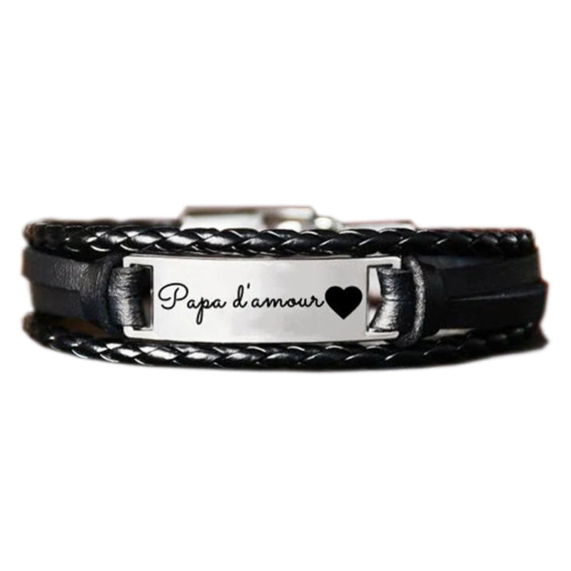 Wholesale Leather Steel Plate Bracelet,  Black Woven Steel Plate with Engraved Text,  Stainless Steel Tongue Clasp Leather Bracelet,  Three-Layer Leather Steel Plate Bracelet