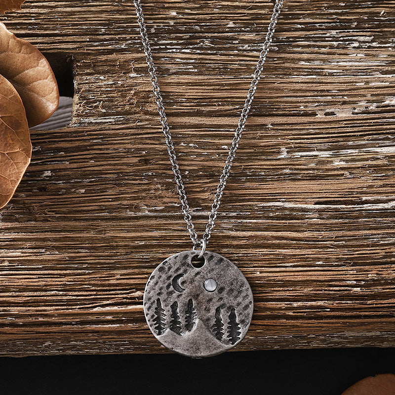 Wholesale Zinc Alloy Vintage Moonlight Pendant Necklace Disc Forest Mountain Design Antique Silver Party Gift Jewelry