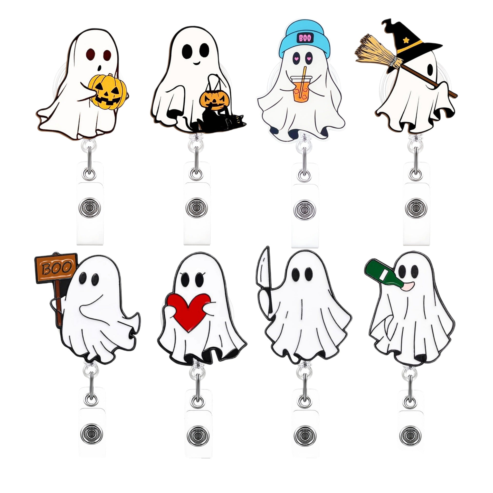 Wholesale Cute White Ghost Retractable Badge Reel with B. O. O.  Design,  Acrylic ID Holder for Nurse Doctor,  Gift