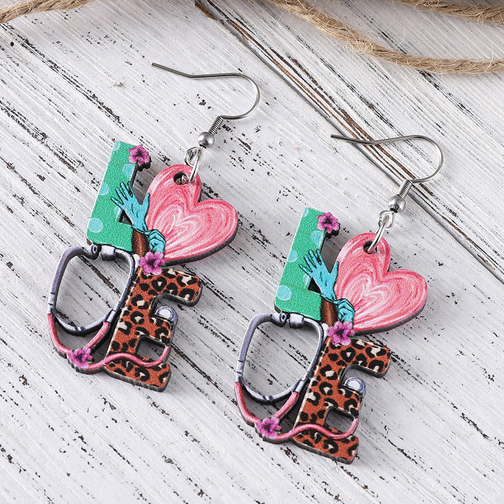 Wholesale Nurses'  Day " LOVE"  Stethoscope &  Heart-Shaped Leopard Print Dangle Earrings — Wooden Jewelry