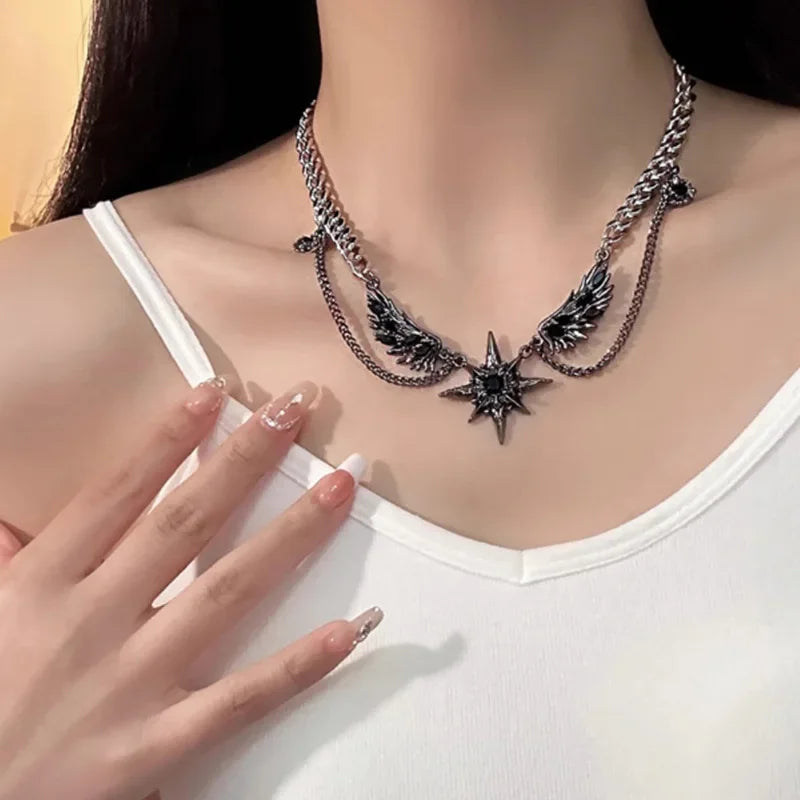 Wholesale Titanium Steel Black Star-Studded Necklace
