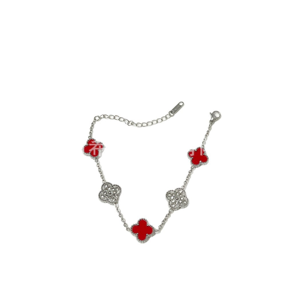 Wholesale Trendy Four-Leaf Clover Rhinestone Bracelet Titanium Steel Jewelry for Office Ladies Everyday Wear Gift