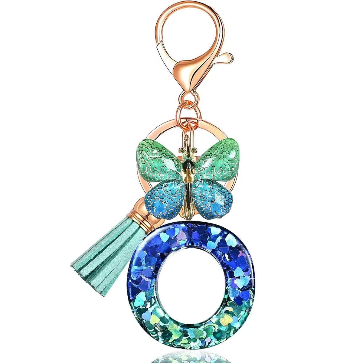 Wholesale Resin Alphabet Keychain With Butterfly Tassel Blue Gradient Vacation Style Fashion Accessory For Bags And Keys