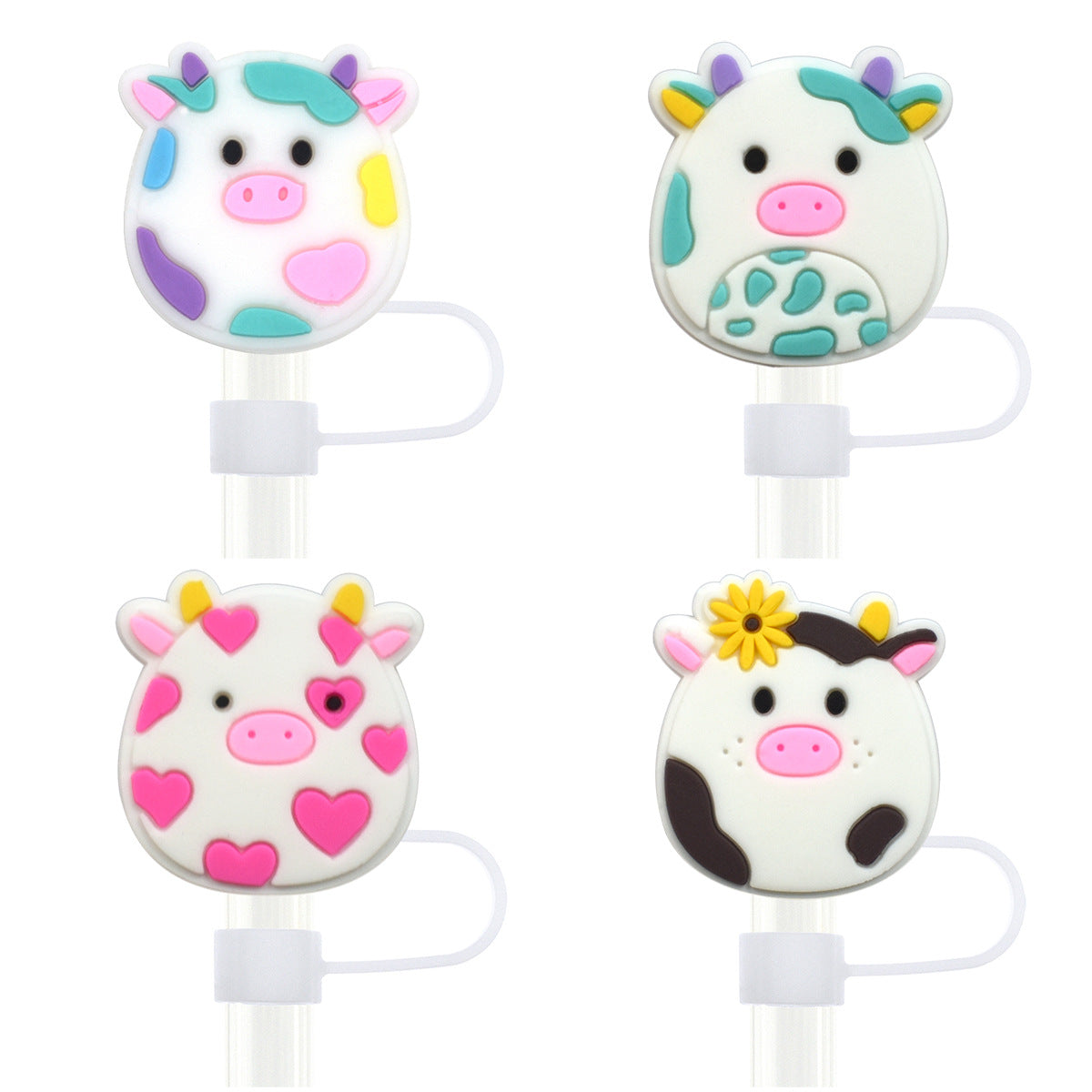 Wholesale Random 100pcs Cow Pattern Piglet Straw Tube Cap 10mm Soft Glue Straw Decoration Straw Cover ACC-SCR-RYY042