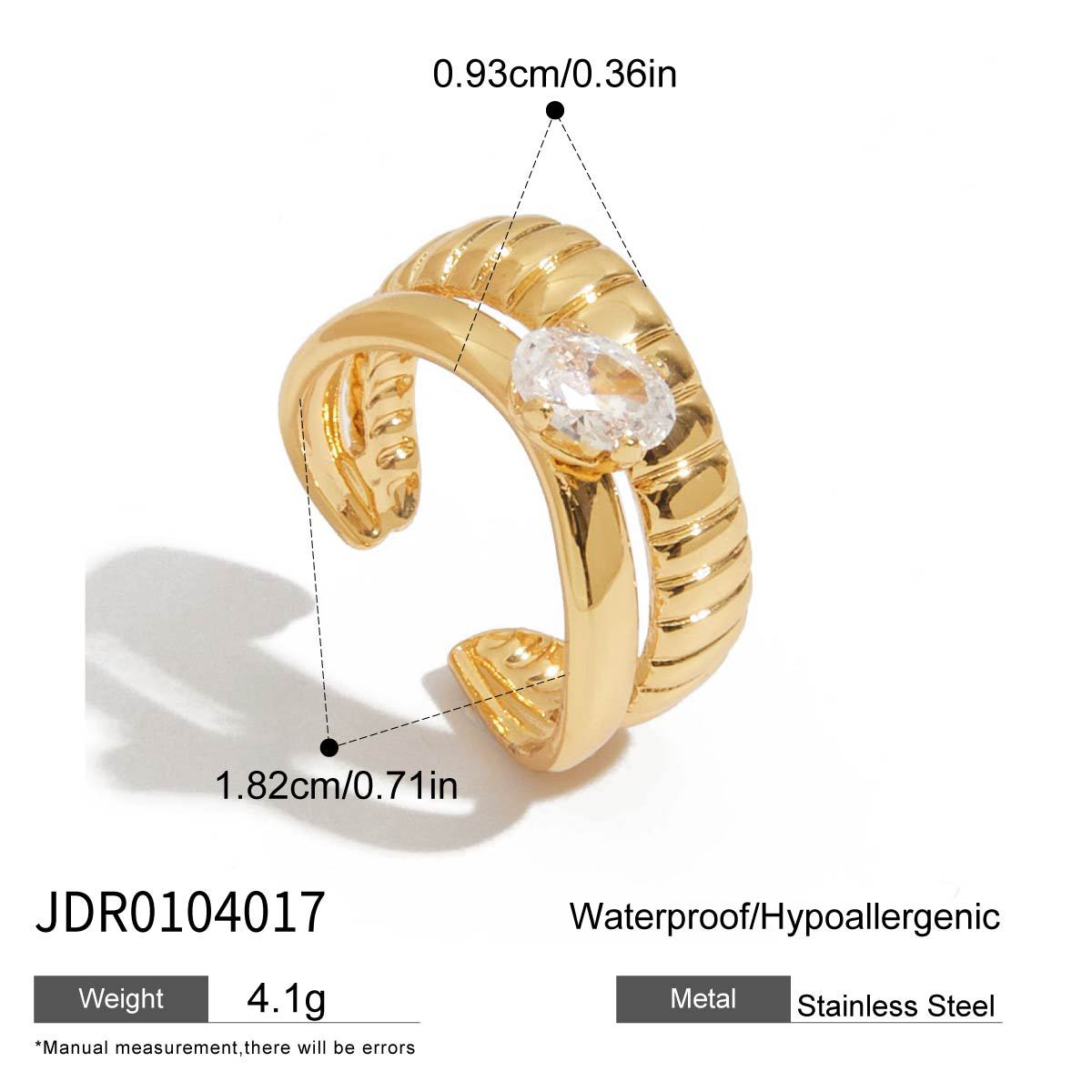 Wholesale 18K gold stainless steel double ribbed hollow band oval white zirconium ring