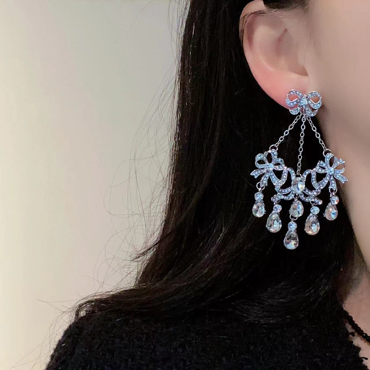 Wholesale Rhinestone Bow Water Drop Tassel Earrings