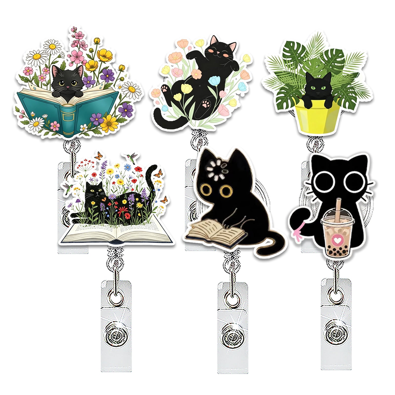 Wholesale Chic Acrylic Black Cat Flower Retractable Badge Reel for Nurse ID Card Holder