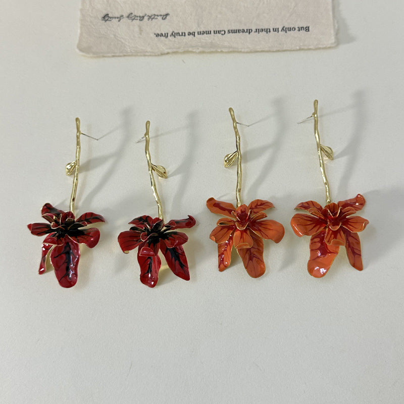 Wholesale  Light Luxury Vintage Metal Oil Drop Flower Trunk Leaf Stem Earrings