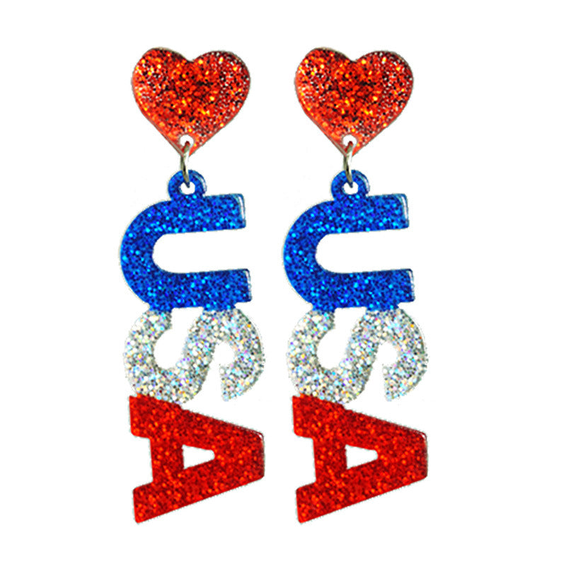 Wholesale 2 Pairs/pack American Independence Day Heart Star Glitter Acrylic Earrings ACC-ES-HY037