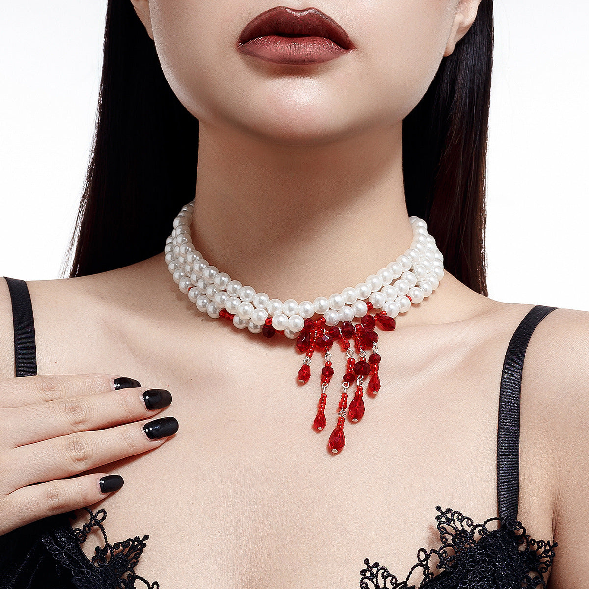 Wholesale Gothic Pearl Necklace  Blood Drops Tassel Crystal Clavicle Chain