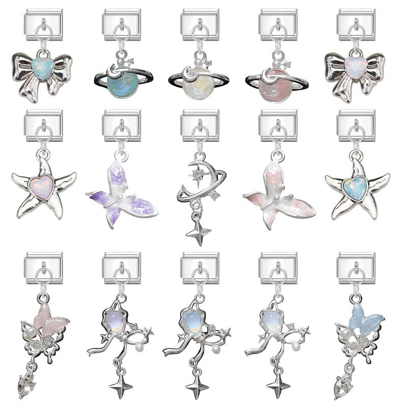 Silver-tone Italian-style modular bracelet with dangling butterfly and planet pendants