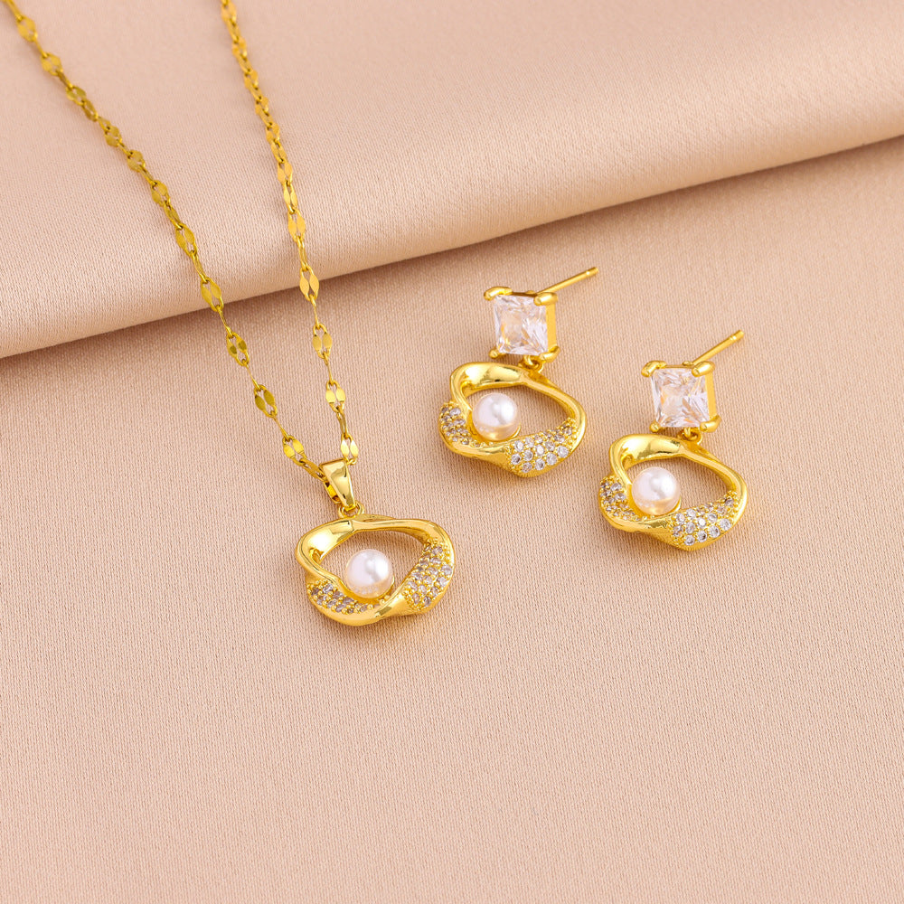 Wholesale Light Luxury Retro Zircon Inlaid  Pearl Pendant Titanium Steel Necklace Earrings Jewelry suit