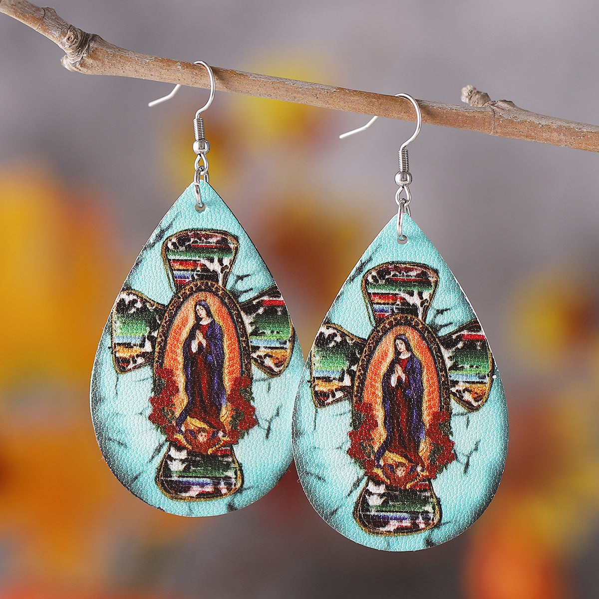 Wholesale Retro Ethnic Turquoise Cow Pattern Cross Earrings ACC-ES-ChuLian141
