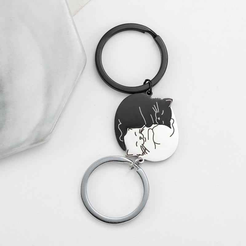 Wholesale Creative Cute Cartoon Black and White Cat Titanium Steel Keychain ACC-KC-Chuno001