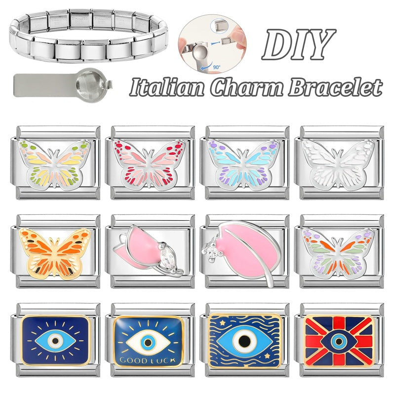 Wholesale 9mm Italian Charm Starter Bracelets DIY Butterfly Evil Eye Stainless Steel Composable Bracelet