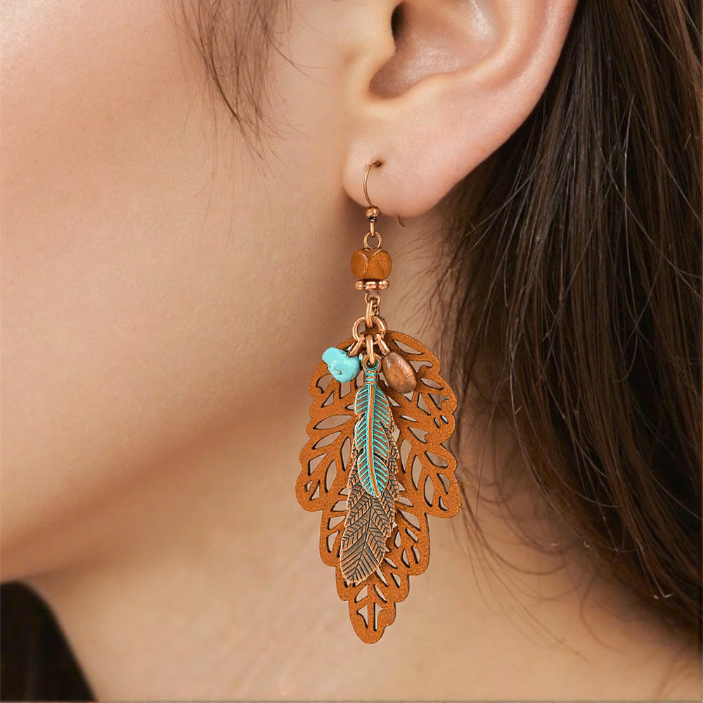 Wholesale European and American Cross-Border New Hot Selling Bohemian Style Retro Fashion Earrings Necklace Personalized Ethnic Style Leaf Earrings