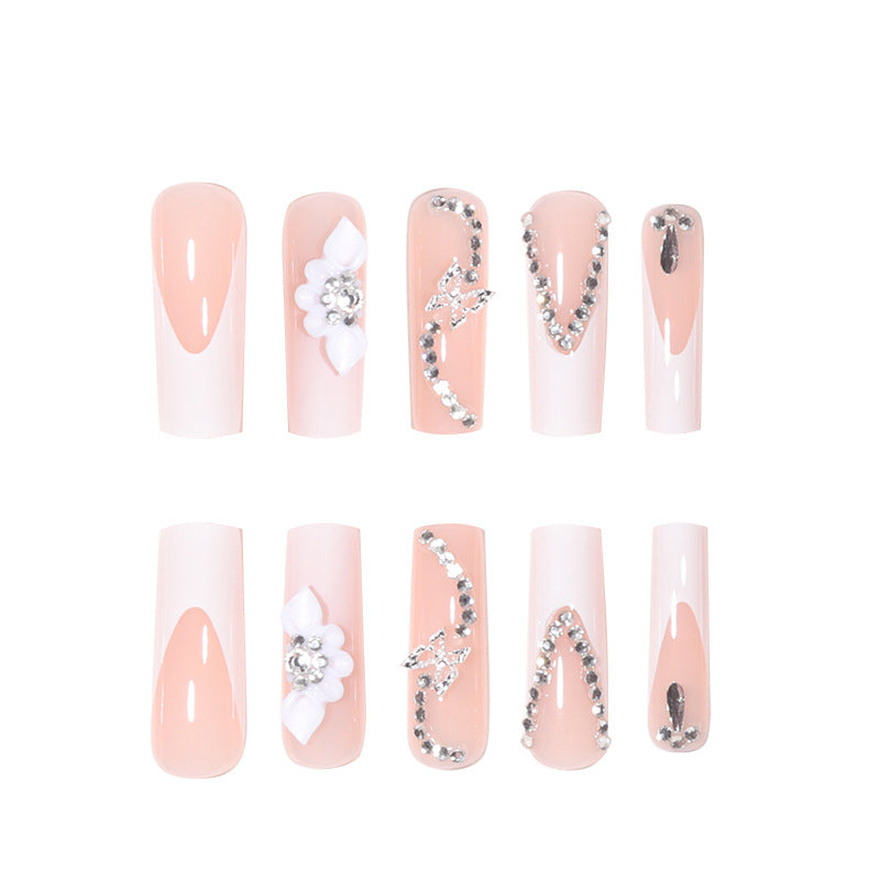 Wholesale 24 Pieces/box Pink and White Flower Diamond Chain Press-on Nails Kits Nail Stickers ACC-NS-Shangh003