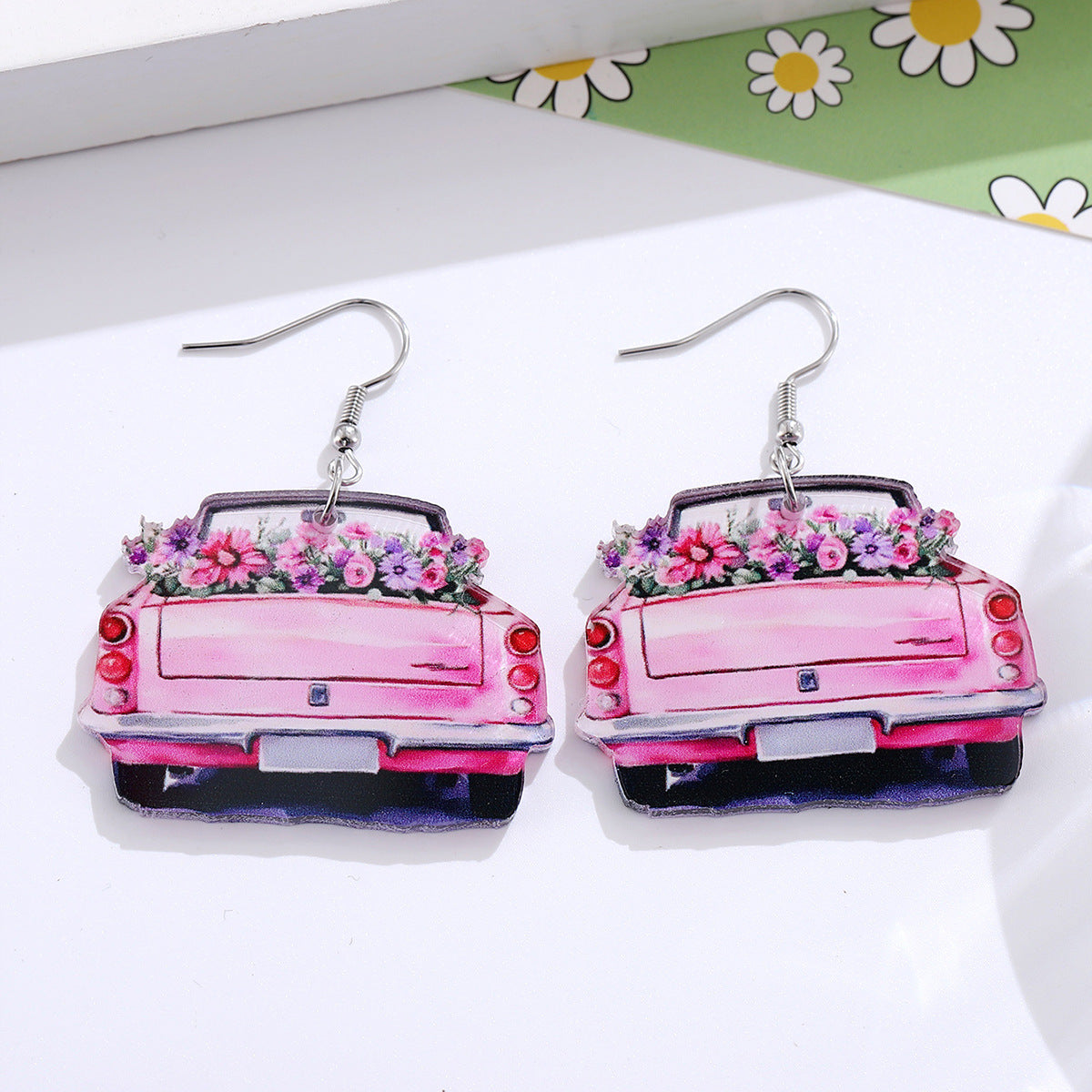 Wholesale Pink Car Flower Acrylic Drop Earrings