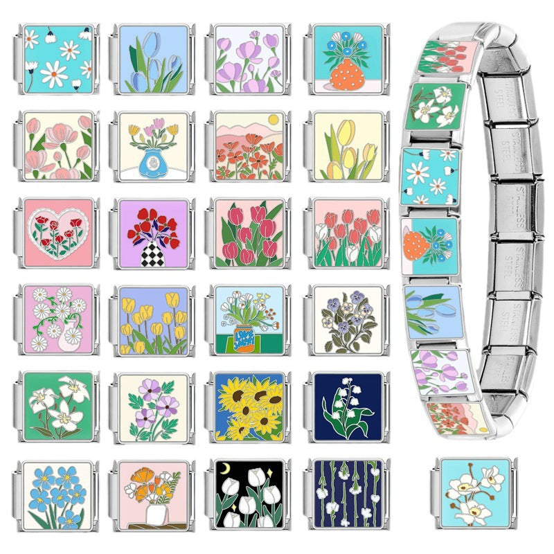 Wholesale Italian Charm Bracelet 9mm DIY Splicing Removable Flowers Stainless Steel Composable Bracelet