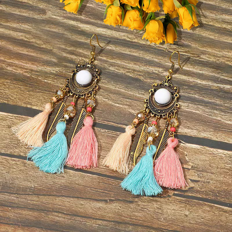 Wholesale Alloy Diamond Cut Bohemian Tassel Earrings Ethnic Style Fashion Accessory